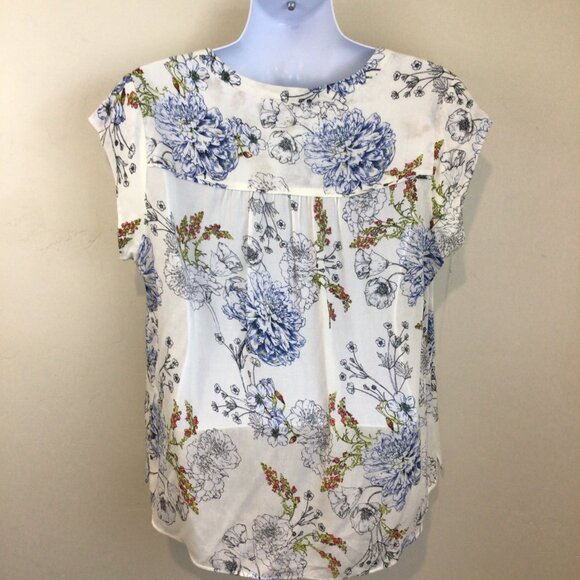 daniel rainn White Floral Print Sheer Loose Fit Blouse Shirt - Picture 7 of 8